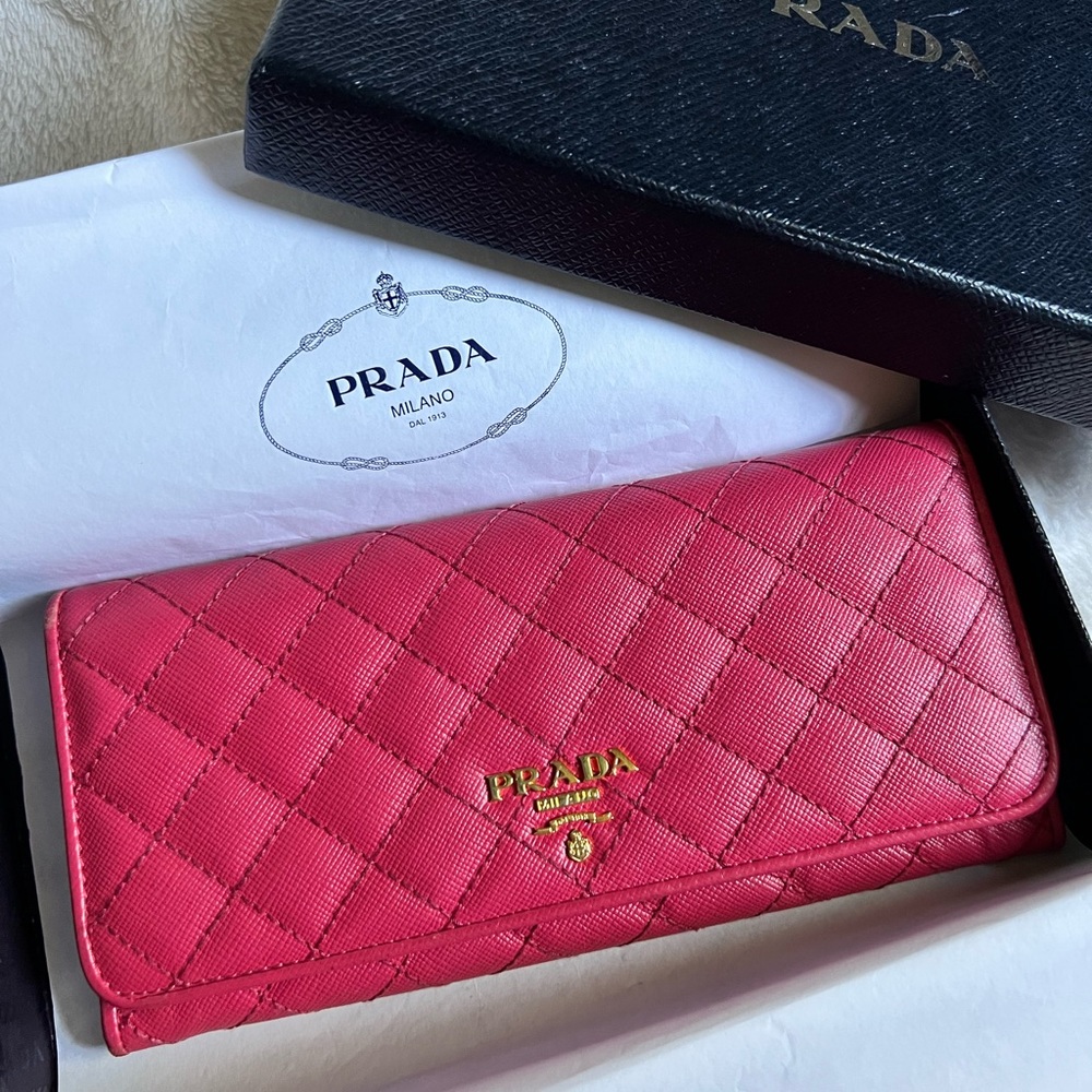 Prada saffiano quilted long wallet hot pink and gold tone hardware w box! EUD